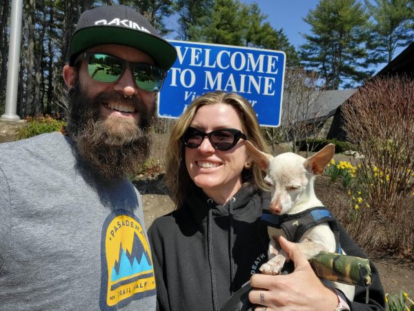 Brad, Kat, and Bob at Maine Welcome Sign